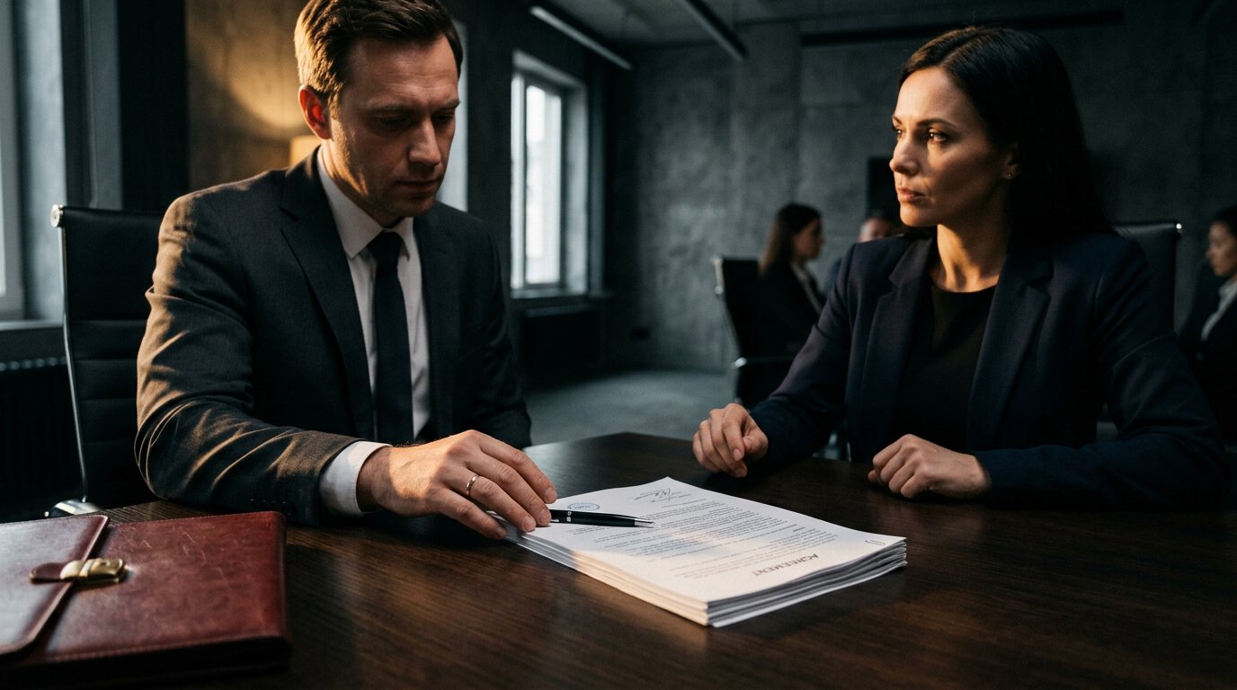 Handlungsdruck: Moderne Vorstandssitzung eines Unternehmens im Gange, mit Fachleuten, die sich unter Handlungsdruck an Tischen in einem Hochhaus mit Blick auf die Stadt versammelt haben.