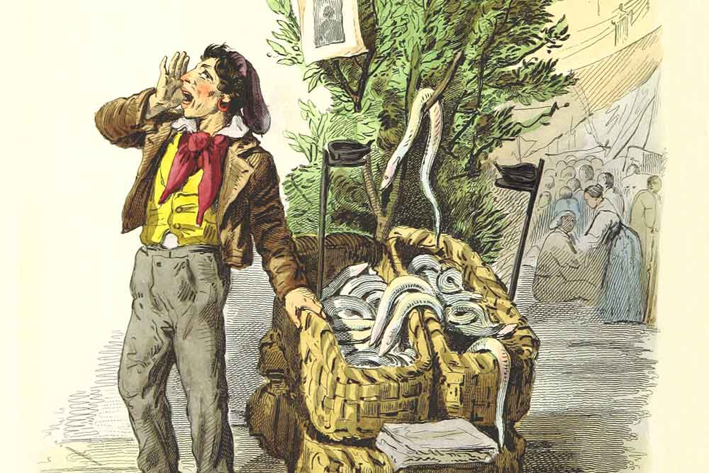 Aalverkäufer im alten Stil, der im Freien schreit. Eine vintage Illustration.