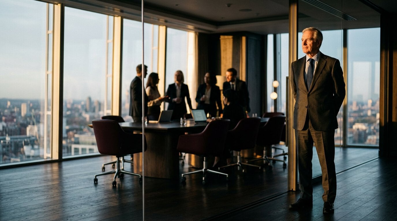 Alleinstellungsmerkmal: Fachleute in modernen Büroräumen während eines gemeinsamen B2B-Vertrieb-Meetings mit Blick auf die Stadt im Hintergrund.
