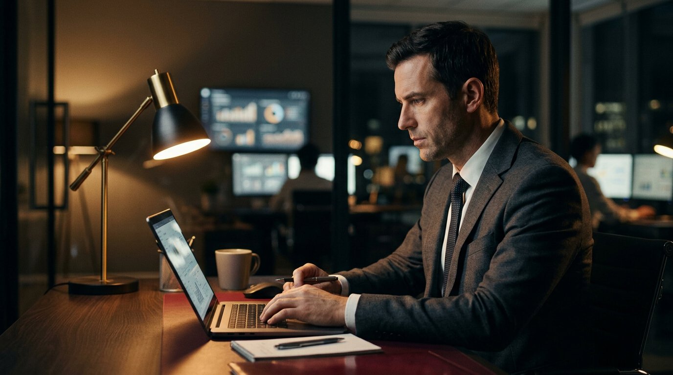 CRM-System: Ein Mann steht vor einem Raum voller Computer und präsentiert Vertriebserfolge und CRM-System für B2B-Kunden.