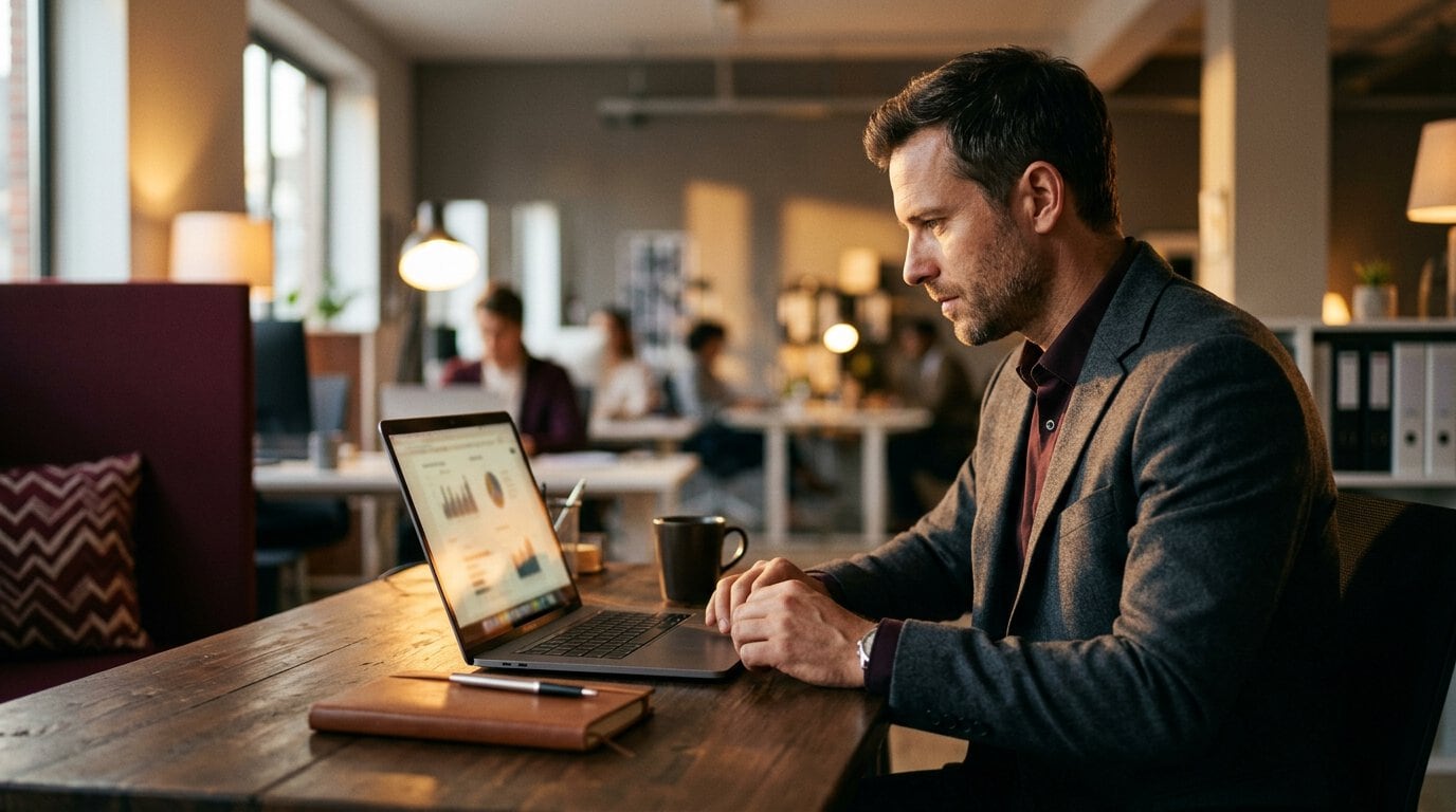 CRM-System: Eine Gruppe von Menschen sitzt an Schreibtischen in einem Büro mit Zahnrädern an der Wand und arbeitet mit einem CRM-System am B2B-Verkaufserfolg.