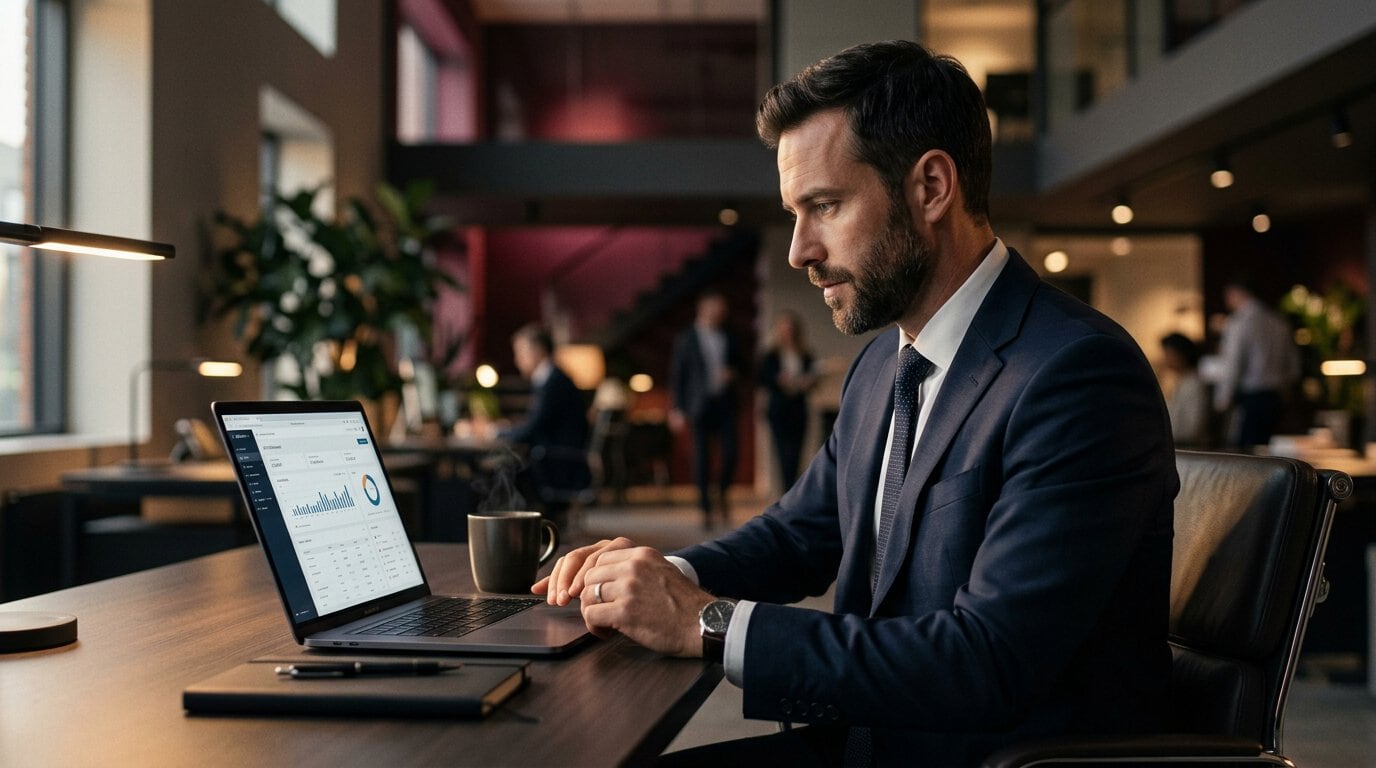 CRM-System: Ein Mann im Anzug hält einen Laptop vor ein helles Licht und präsentiert sein CRM-System für planbare B2B-Vertriebserfolge.