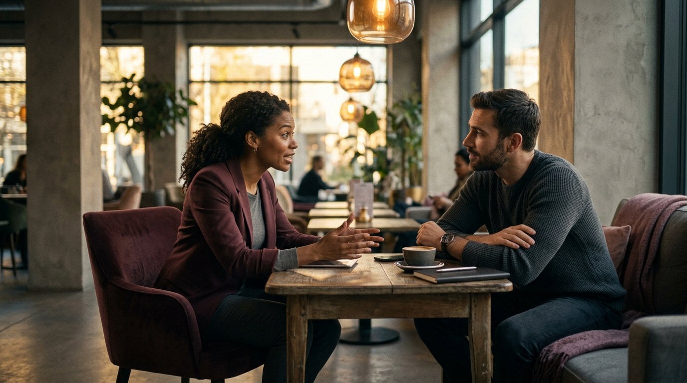 Rhetorische Frage: Zwei professionell gekleidete Personen führten in einem Café mit großen Fenstern und modernem Dekor ein mit rhetorischen Fragen gespicktes Gespräch.