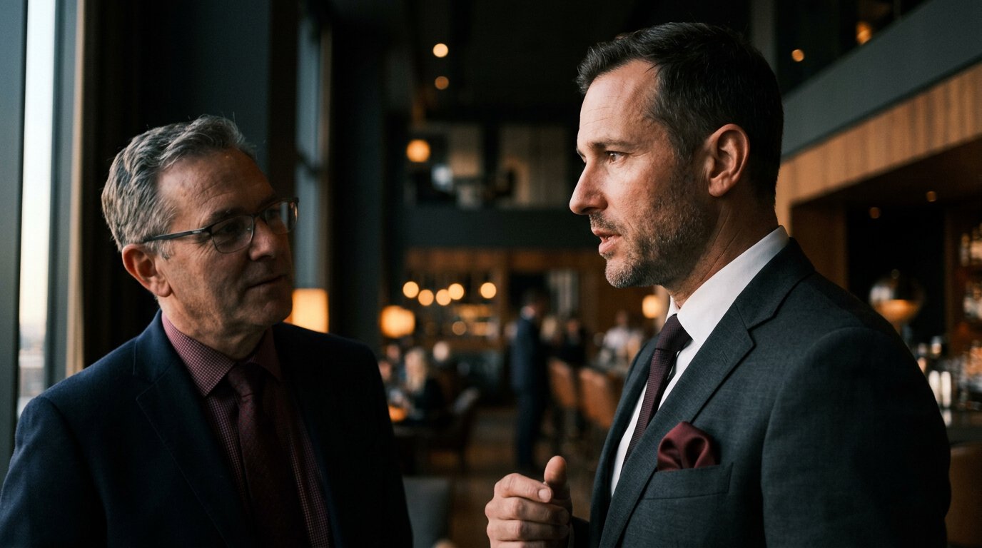Rhetorische Frage: Zwei professionell gekleidete Personen lächeln und schauen sich in einem Geschäftsumfeld an, als ob sie sich auf rhetorische Fragen einlassen würden.