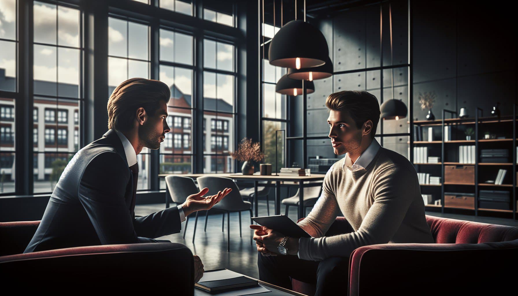 CEO Coaching: Zwei Männer in einem modernen Büro sitzen sich gegenüber und unterhalten sich bei einer Tasse Kaffee zum CEO-Coaching. CEO Coaching: Zwei Männer in einem modernen Büro sitzen sich gegenüber und unterhalten sich bei einer Tasse Kaffee zum CEO-Coaching.