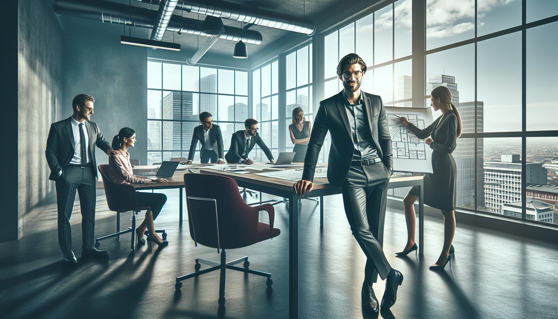 CEO Coaching: Ein professionelles Geschäftstreffen in einem modernen Büro mit einem großen Fenster mit Blick auf die Stadtlandschaft, bei dem sich eine bunt gemischte Gruppe von Kollegen bei „Augenhöhe beraten“ an Diskussionen beteiligt.