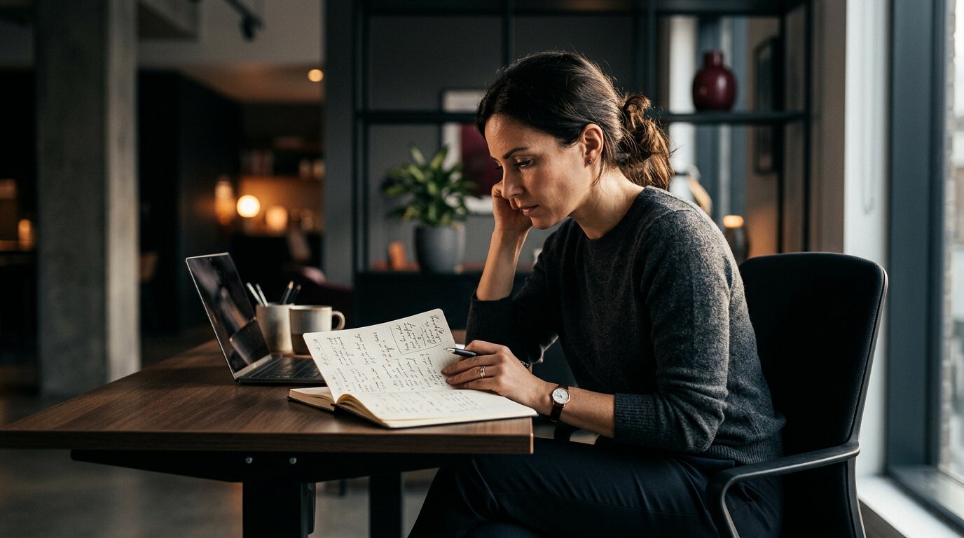 Verkaufen lernen: Eine Frau arbeitet an einem Schreibtisch in einem modernen Büro mit Blick auf die Stadt.