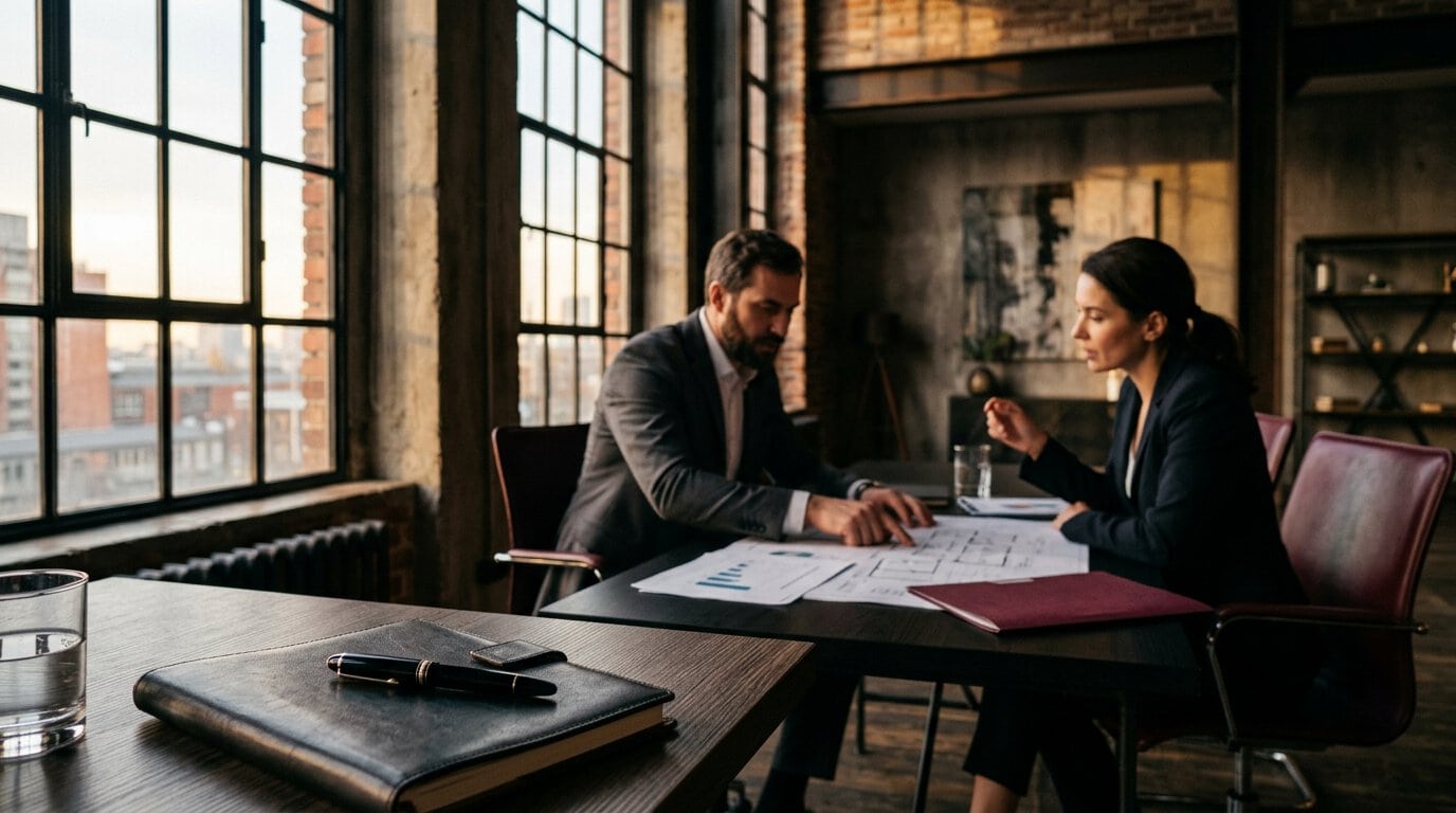 sales strategie Ein Team aus fünf Vertriebsprofis in einem modernen Büro sitzt und steht um einen Tisch herum und blickt in die Kamera, vor ihnen liegen Laptops und Dokumente.
