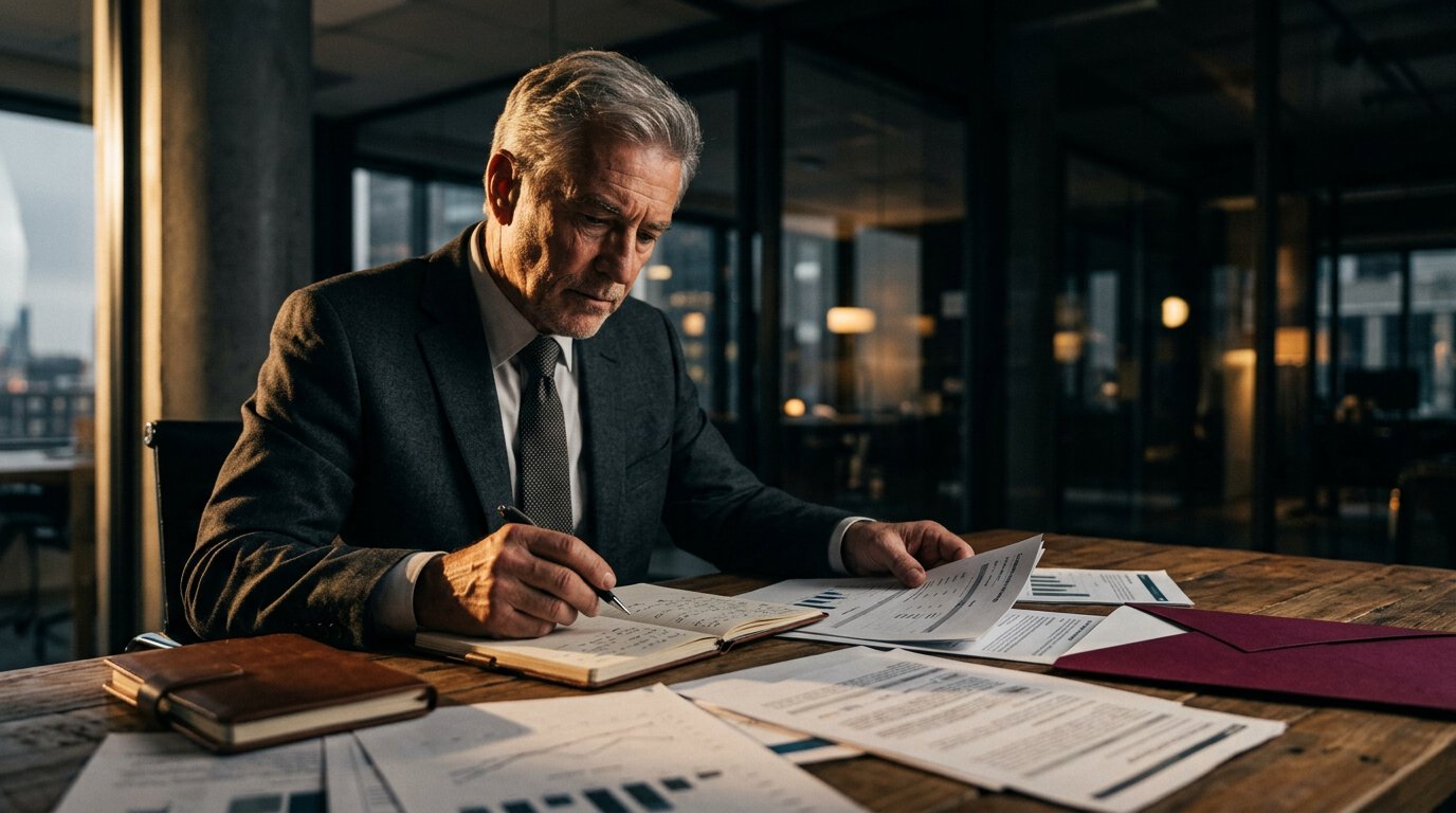 sales strategie Ein Mann im Anzug arbeitet konzentriert an Verkaufsstrategien an einem Computer in einem modernen Büro mit großen Fenstern und Blick auf die Stadtlandschaft.