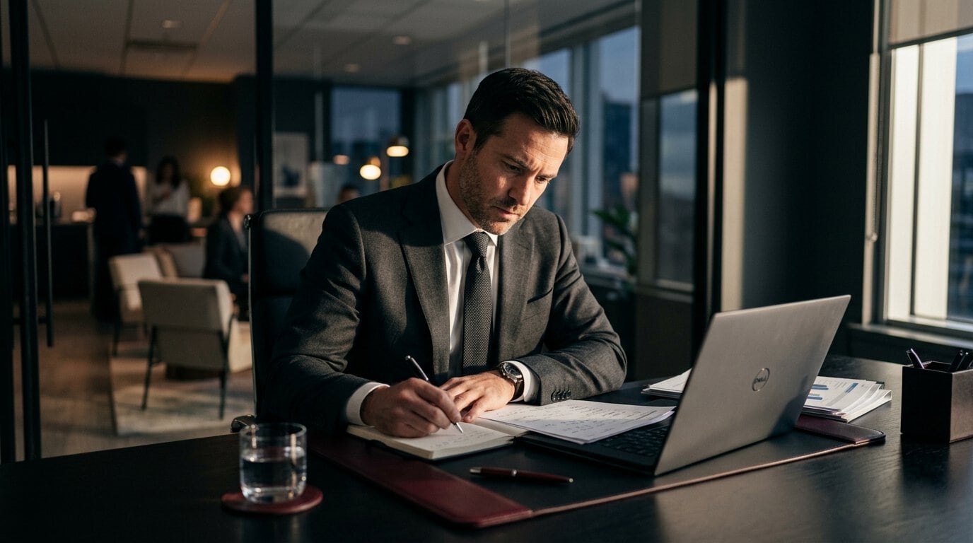 Ein Geschäftsmann arbeitet mit einem Laptop in einem modernen Büro mit Blick auf die Stadt an der Bedarfsermittlung.