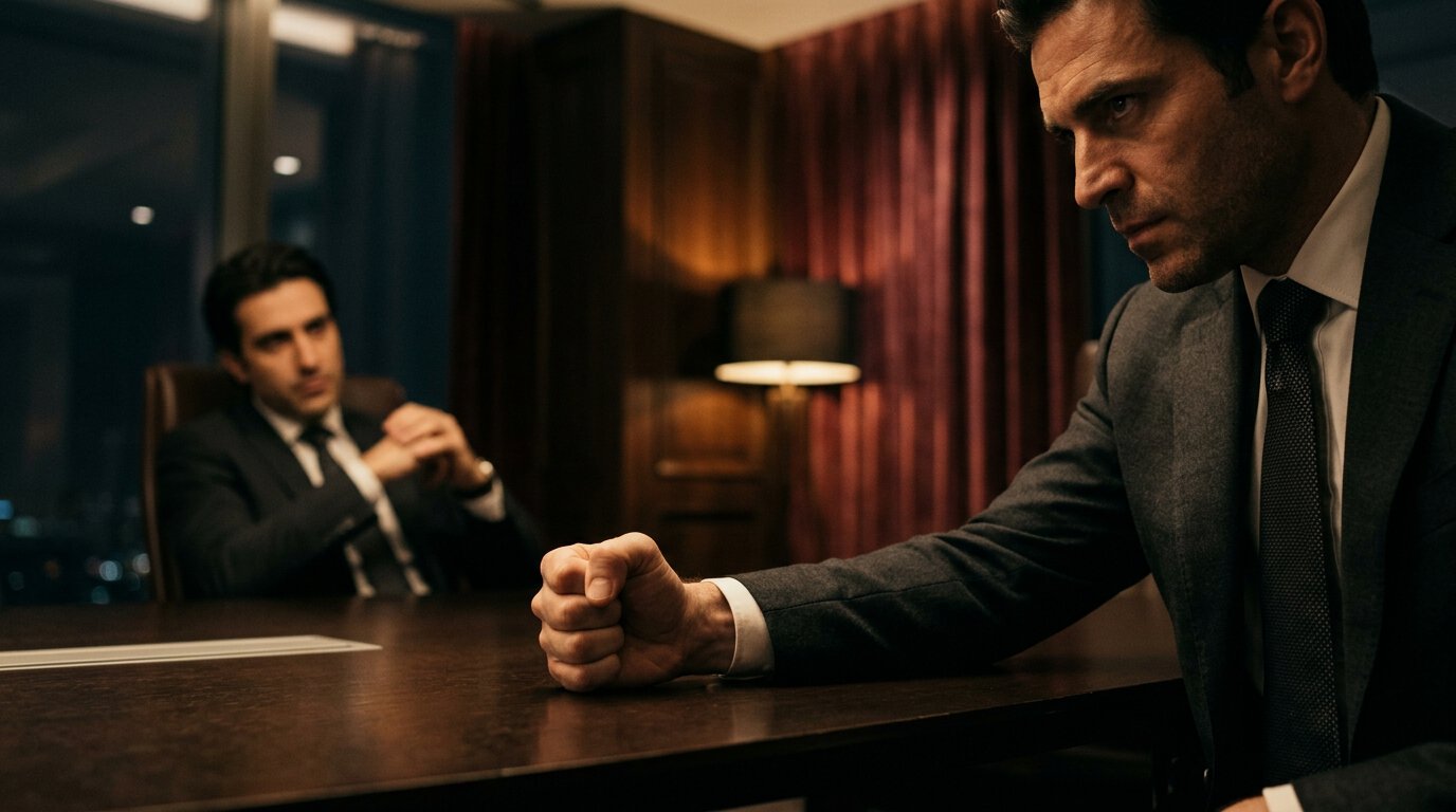 Aggressive Preisverhandlung: Zwei Männer führen in einem Büro eine aggressive Preisverhandlung durch.