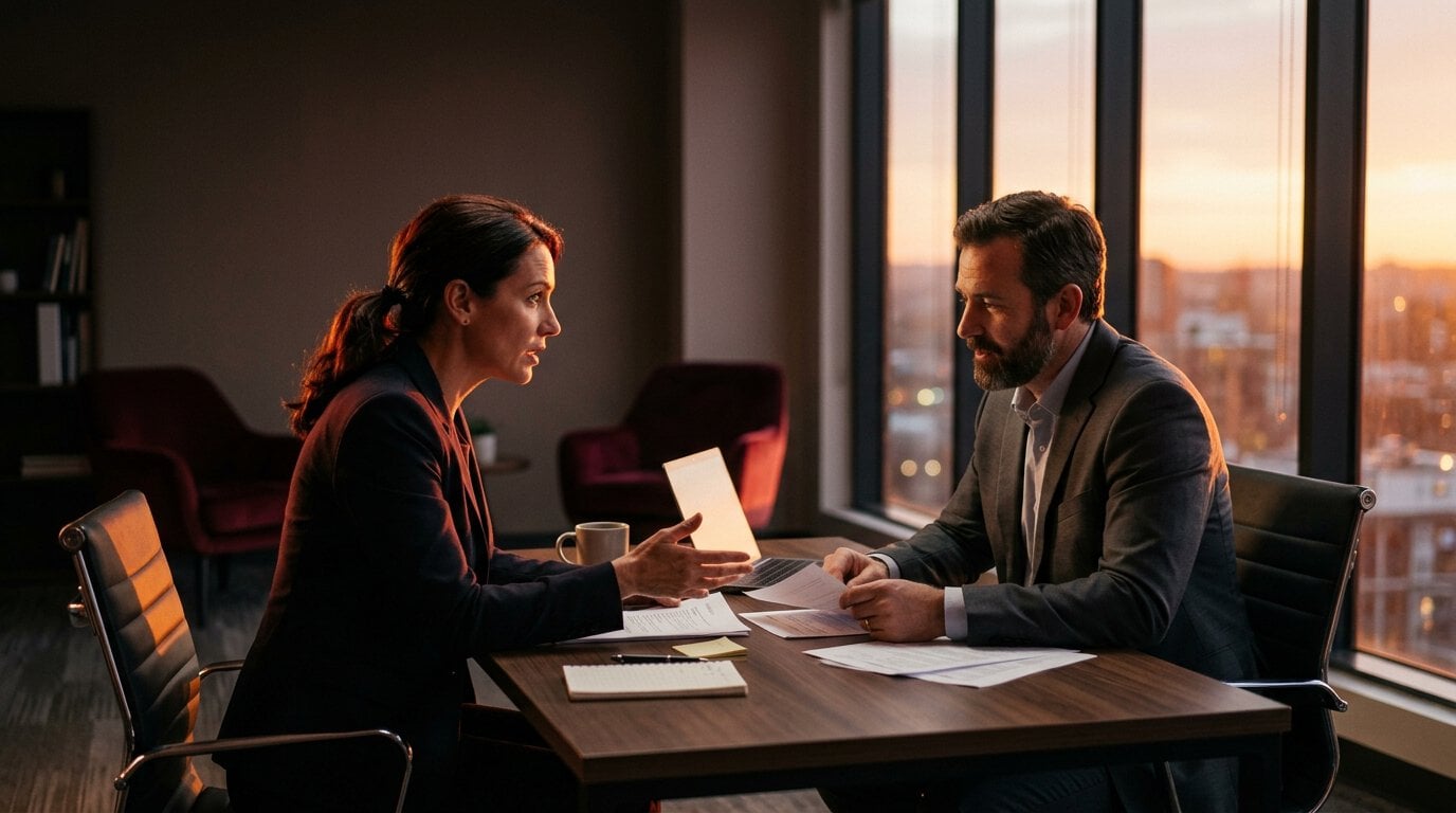 sales strategie Zwei Vertriebsprofis unterhalten sich an einem Tisch in einem modernen Büro mit großen Fenstern und Blick auf eine Stadt bei Sonnenuntergang.