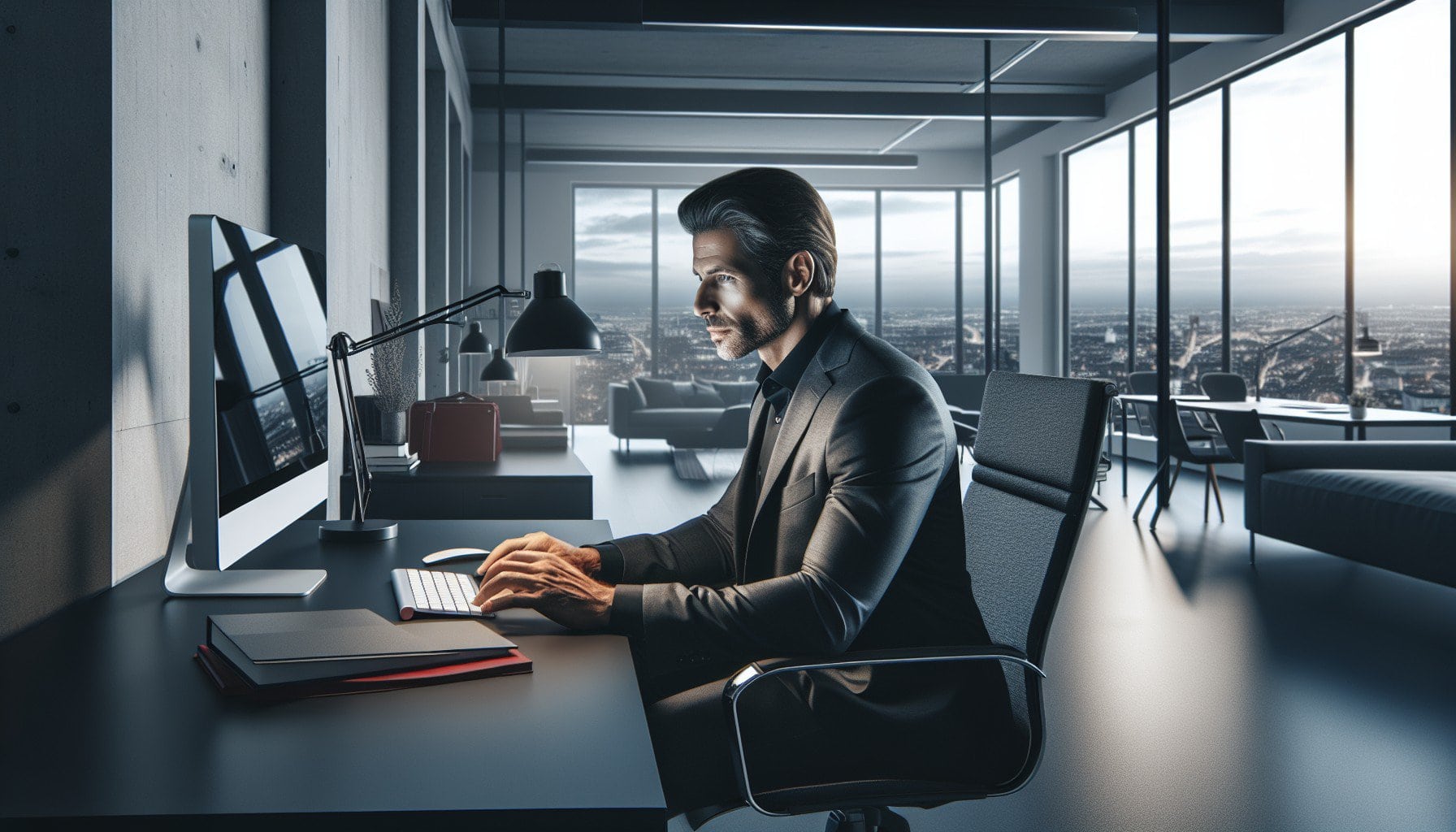 Kick Off: Ein motivierter Mann im dunklen Anzug sitzt an einem Schreibtisch und arbeitet an einem Computer in einem modernen Büro mit großen Fenstern und Blick auf die Stadt.