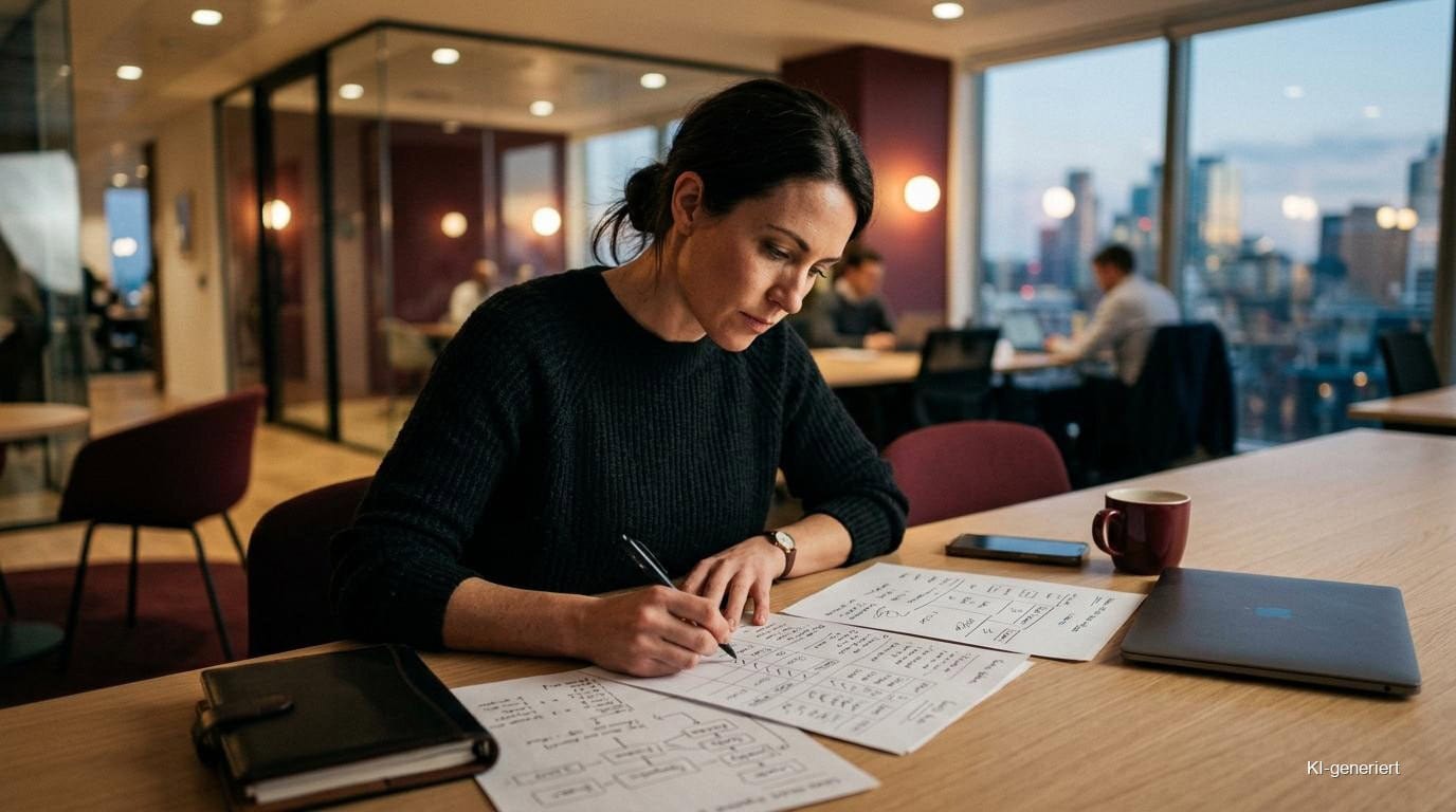 Vertriebsprozess: Ein Mann sitzt an einem Schreibtisch in einem Büro. An der Wand hinter ihm hängt eine digitale Stadtkarte. Er arbeitet an einem Laptop, auf dem technische Diagramme und Texte zum Vertriebsprozess angezeigt werden.