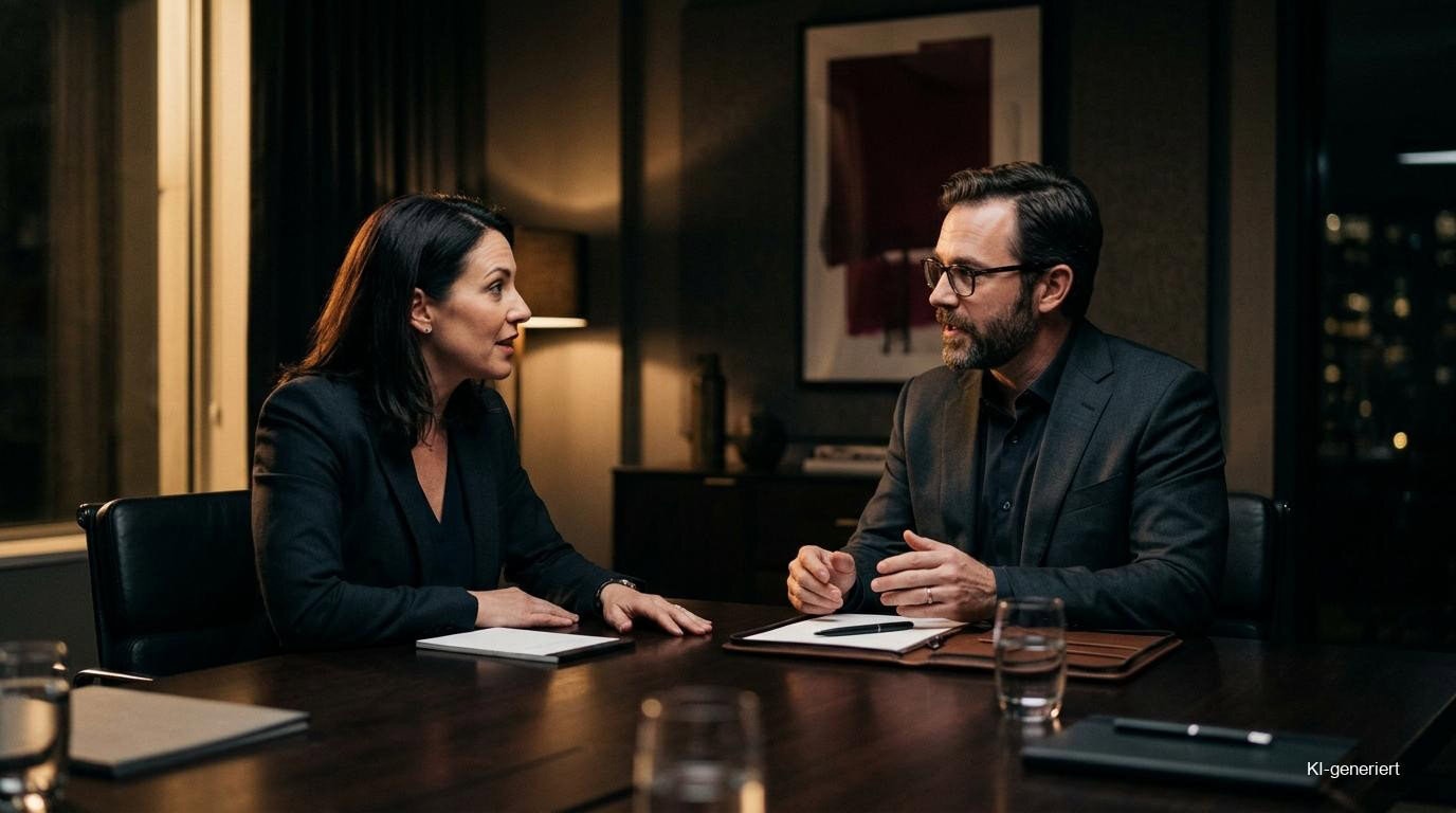 Vertriebsprozess: Zwei Personen in formeller Kleidung sitzen sich in einem modernen Büro mit großen Fenstern gegenüber, die den Blick auf die Skyline einer Stadt freigeben. Sie scheinen in eine Geschäftsdiskussion vertieft zu sein und arbeiten wahrscheinlich an der Feinabstimmung ihres Vertriebsprozesses, um die Leistung zu optimieren und den Erfolg voranzutreiben.