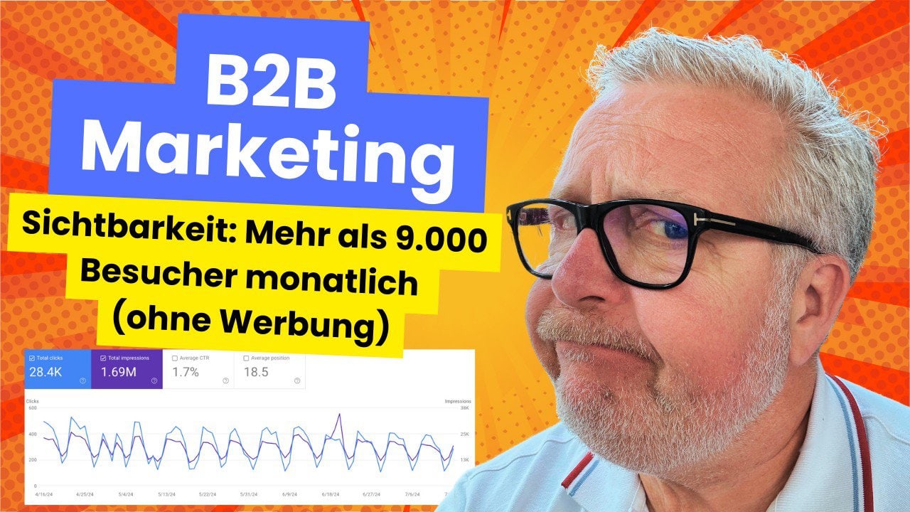 Mann mit Brille neben einem Diagramm, überlagert mit dem Text „Sichtbarkeit: Mehr als 9.000 Besucher monatlich (ohne Werbung)“ und „B2B-Marketing“. Mann mit Brille neben einem Diagramm, überlagert mit dem Text „Sichtbarkeit: Mehr als 9.000 Besucher monatlich (ohne Werbung)“ und „B2B-Marketing“.