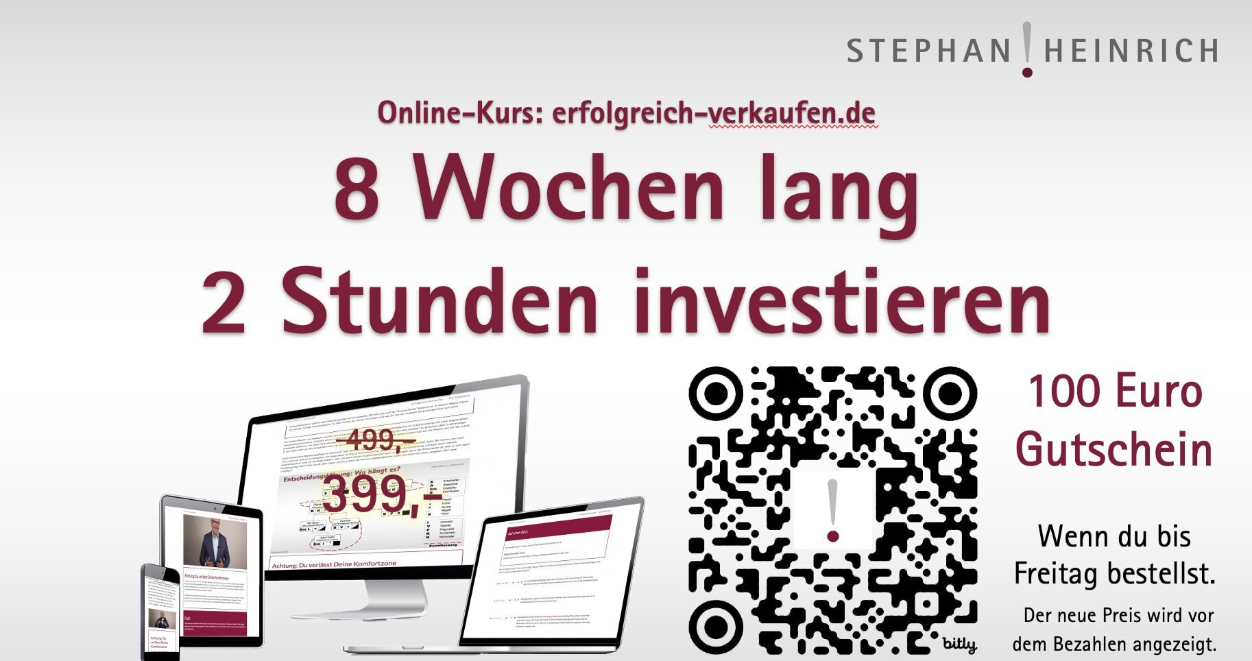 Werbebild für einen Online-Verkaufskurs von Stephan Heinrich, der ein 8-wöchiges Programm anbietet, mit dem Sie mehr Leads abschließen können. Enthält einen QR-Code, einen 100-Euro-Rabattgutschein und Bildschirme mit Kursinhalten.